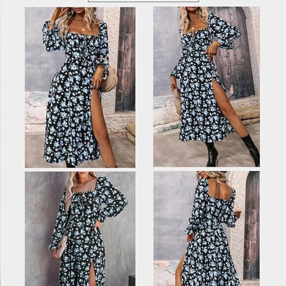 BLENCOT Women's Floral Print Puff Long Sleeve Maxi Dress Sexy Square Neck - Picture 2 of 3